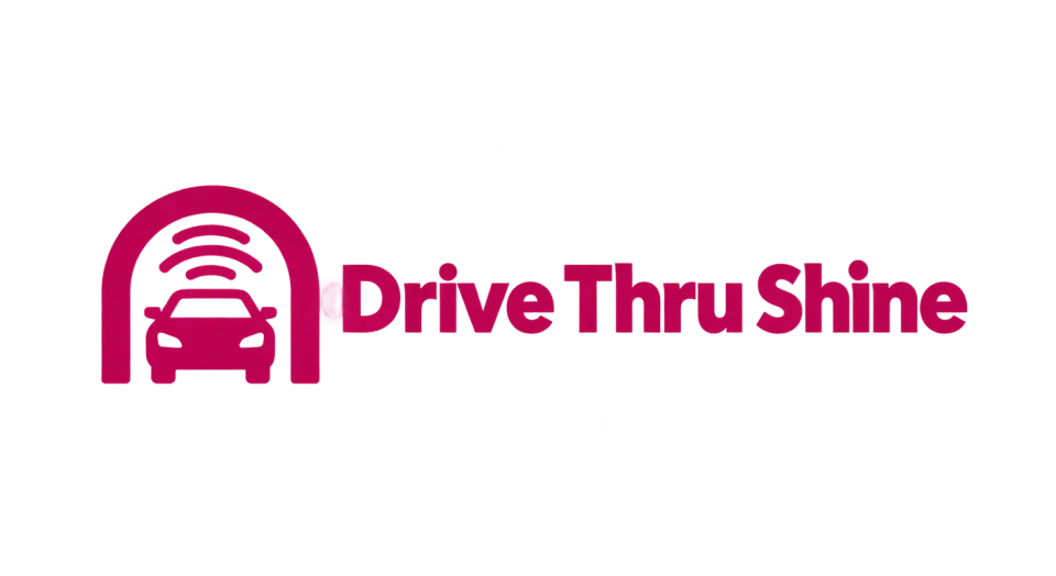 Drive Thru Shine combination mark logo idea: The car passing beneath a wash arch gives the icon a clear drive-through feel without crowding the name.