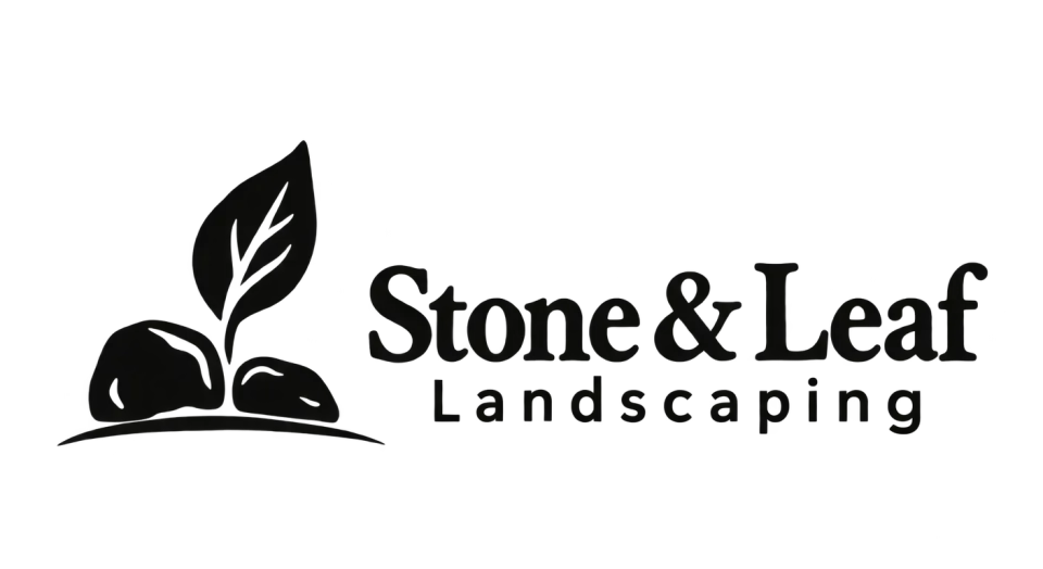 Stone & Leaf Landscaping combination mark logo idea: A leaf rising from a pair of stones connects the company name to its landscaping work in a clear, steady-looking mark.