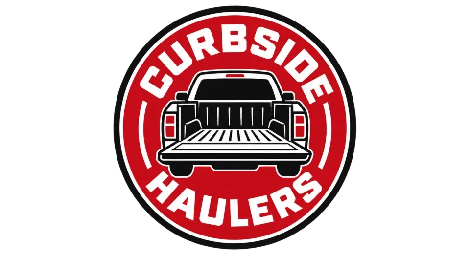 Curbside Haulers emblem logo idea: The round crest gives Curbside Haulers a familiar local-service badge, while the open truck bed quickly signals hauling.