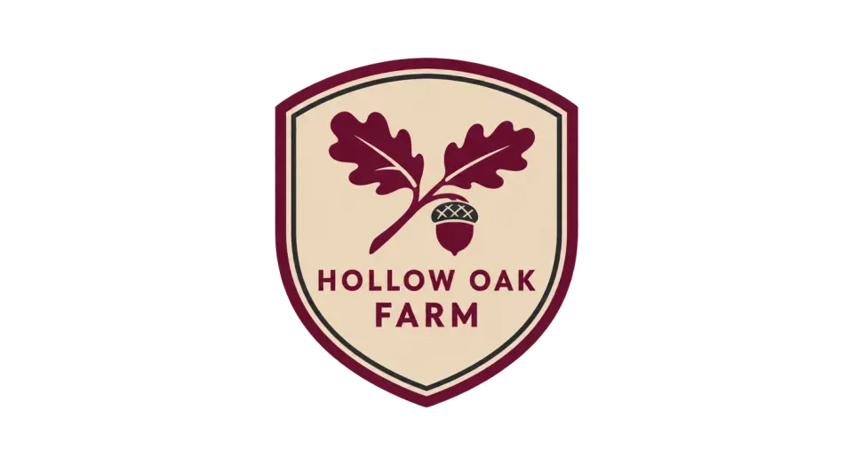 Hollow Oak Farm emblem logo idea: A small oak sprig makes the name’s oak reference visible in a tidy, understated farm badge.