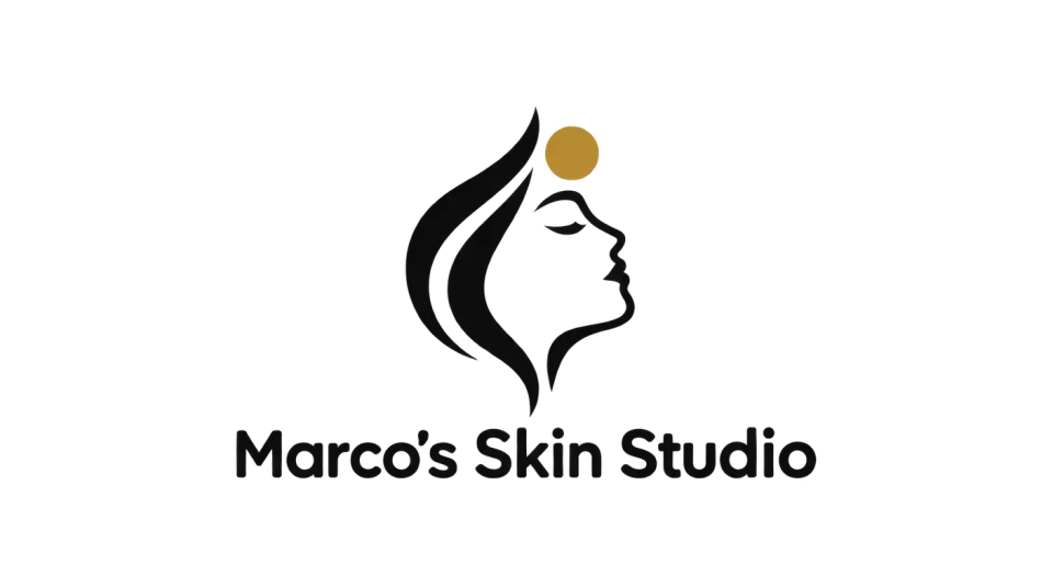 Marco's Skin Studio combination mark logo idea: A small gold sun beside a clean face profile adds a warm note without crowding the studio name.