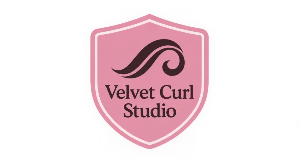 Velvet Curl Studio emblem logo idea: A single flowing curl gives the shield a direct connection to the salon while keeping the overall look calm and understated.