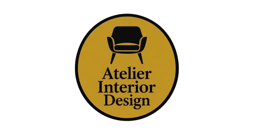 Atelier Interior Design emblem logo idea: A spare chair icon and clearly stacked name make this round badge feel grounded in the studio’s interior-design work.