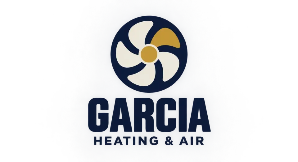 Garcia Heating & Air combination mark logo idea: The gold fan hub gives the familiar airflow symbol a warm focal point beside a clear, established-looking name.