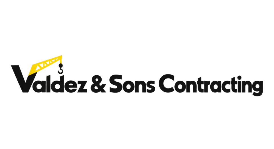 Valdez & Sons Contracting wordmark logo idea: The name stays front and center, while a small crane detail in the V gives the wordmark a clear connection to construction.
