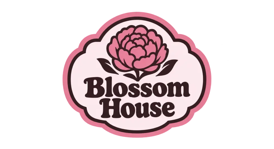 Blossom House emblem logo idea: A simple peony above the shop name gives Blossom House the feel of a cheerful old-fashioned flower-shop sign.