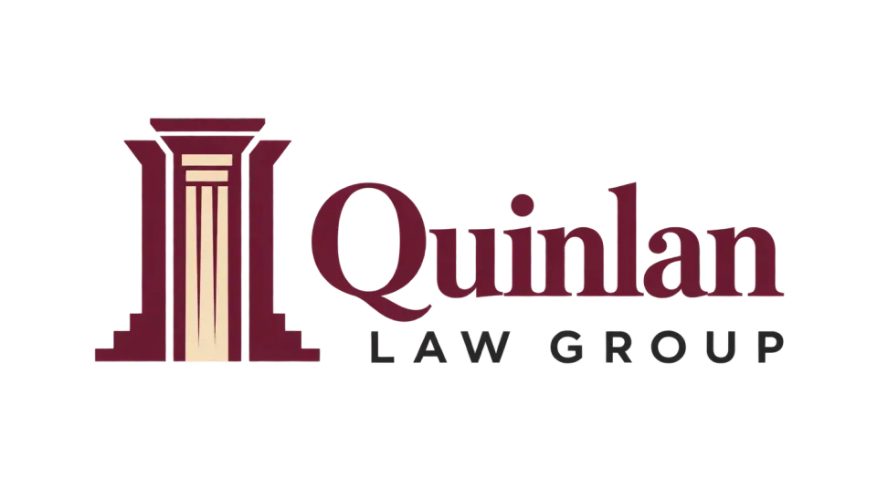 Quinlan Law Group combination mark logo idea: A column-like gateway and the firm name make a composed, forward-facing mark that feels rooted in law and architecture.