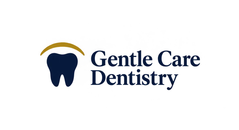 Gentle Care Dentistry combination mark logo idea: A simple gold arc over a navy tooth suggests a gentle layer of protection without making the practice feel formal or clinical.