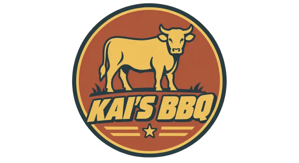 Kai's BBQ emblem logo idea: The cow sits above a sweeping “Kai's BBQ” name, giving the badge a lively, warm look while keeping both elements easy to read.