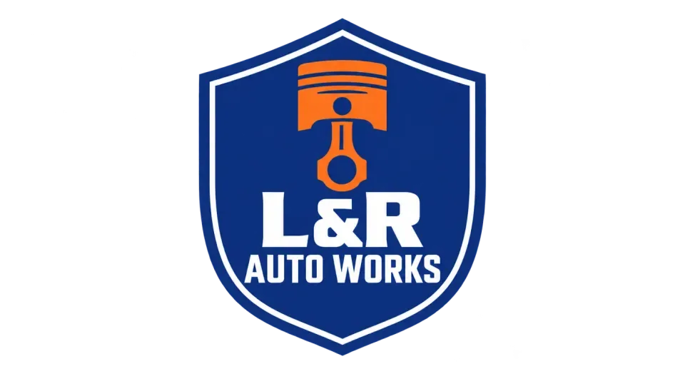 L&R Auto Works combination mark logo idea: The shield gathers a piston and the full shop name into one compact badge that feels at home on a garage sign.