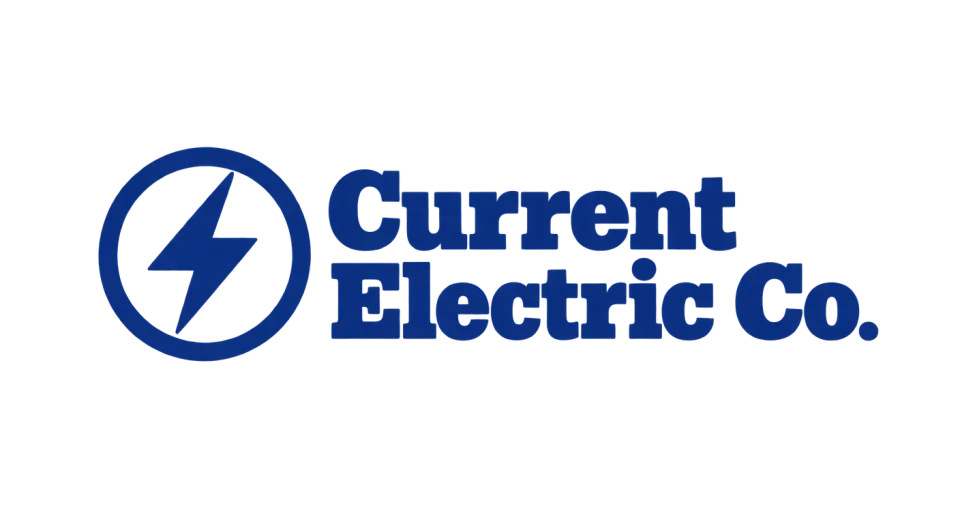 Current Electric Co. combination mark logo idea: A clear bolt in a round seal pairs with solid lettering to make the company feel established and easy to recognize.