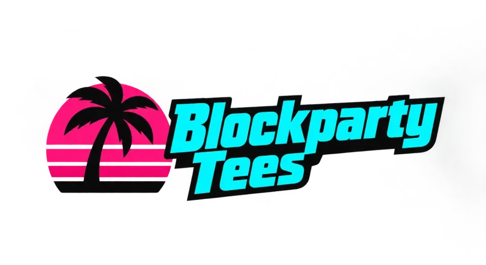 Blockparty Tees combination mark logo idea: A bold palm against a striped sunset gives Blockparty Tees a laid-back merch feel with the punch of an old storefront sign.