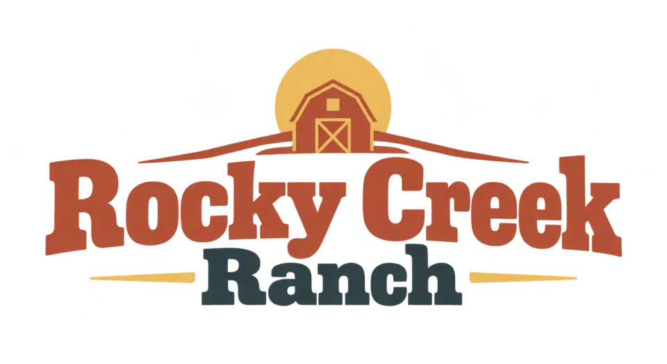 Rocky Creek Ranch wordmark logo idea: The bold, sturdy lettering gives Rocky Creek Ranch a grounded farm feel while keeping the full name easy to read.