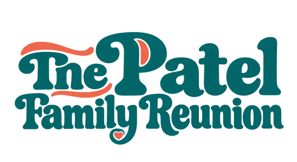 The Patel Family Reunion wordmark logo idea: The compact two-line name feels like a keepsake shirt graphic while keeping the whole reunion name easy to read.