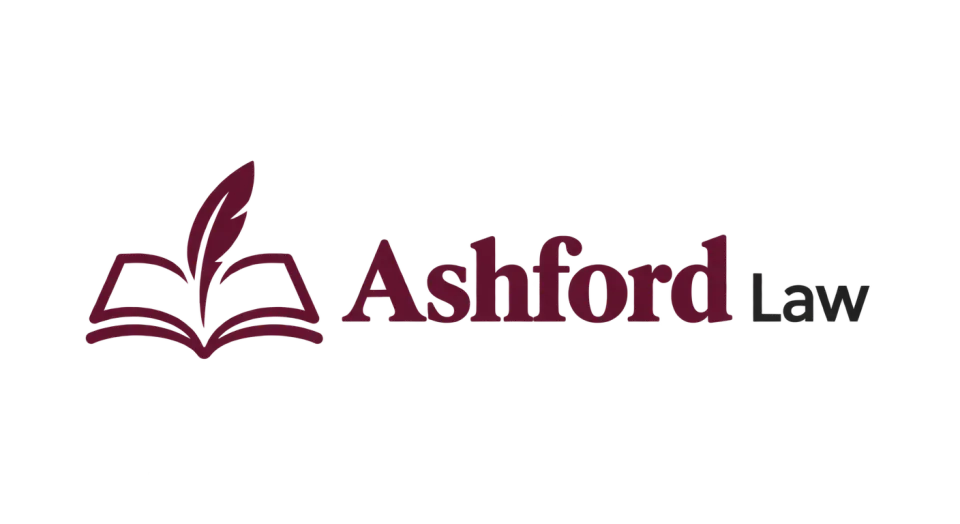 Ashford Law combination mark logo idea: An open book and a simple quill make the legal connection clear while keeping the look approachable.