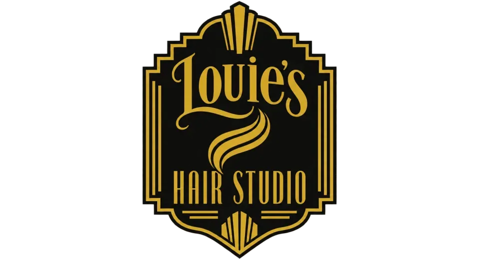 Louie's Hair Studio emblem logo idea: A flowing gold strand sits between the two lines of Louie's Hair Studio, giving the tall black crest a polished, welcoming salon feel.
