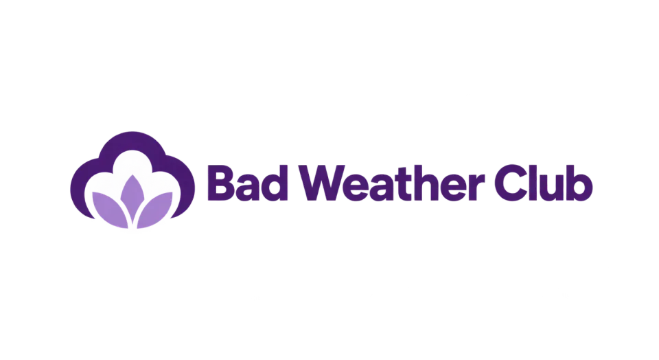 Bad Weather Club combination mark logo idea: A cloud shape opening into rose petals brings weather and nature together in one quiet symbol for Bad Weather Club.