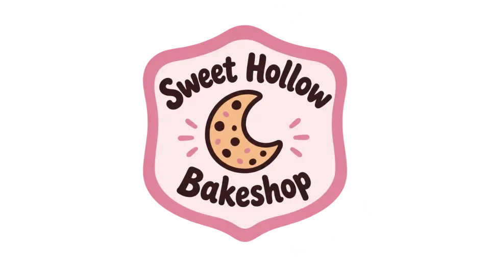 Sweet Hollow Bakeshop emblem logo idea: The soft shield frames the crescent cookie and name together, making the bakeshop feel welcoming and easy to recognize.