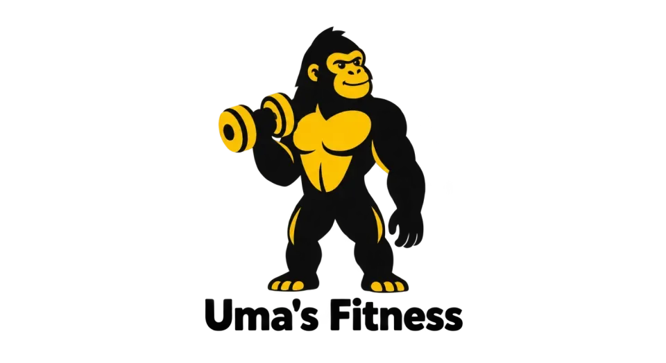 Uma's Fitness mascot logo idea: The relaxed curling gorilla gives Uma's Fitness a distinct mascot while keeping the emphasis on steady, personal coaching.