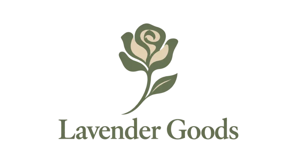Lavender Goods combination mark logo idea: A simple rose and softly curving stem give Lavender Goods a natural boutique feel without crowding its name.