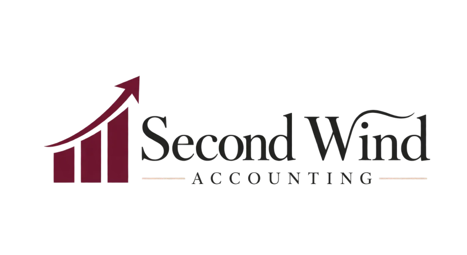 Second Wind Accounting combination mark logo idea: The closely grouped columns and arcing arrow make a compact growth symbol, balanced by a calm serif wordmark that feels dependable.