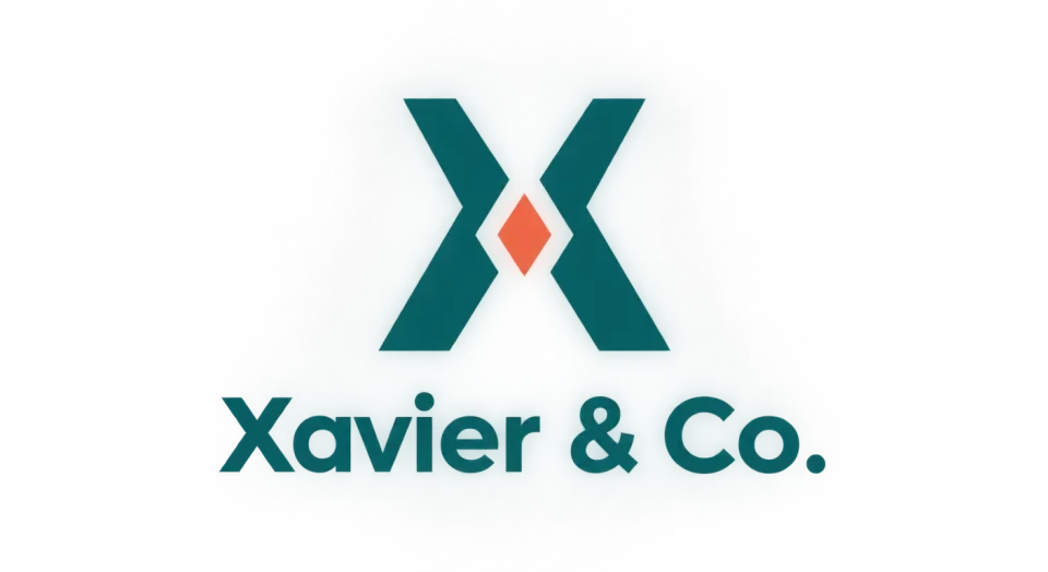 Xavier & Co. combination mark logo idea: Two inward-facing forms create an open X-like center, giving Xavier & Co. a crisp icon that feels both balanced and contemporary.