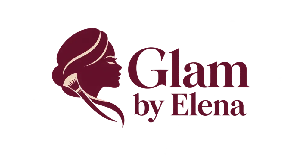 Glam by Elena combination mark logo idea: A graceful profile and a brush-swept curve make the makeup artistry clear, while the full name stays easy to read.