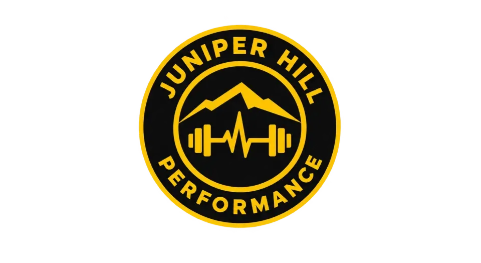 Juniper Hill Performance emblem logo idea: A hill paired with a barbell brings the name Juniper Hill into the fitness badge without making the central symbol busy.