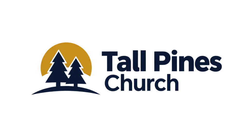Tall Pines Church combination mark logo idea: A small sun appearing behind the pines brings a cheerful note to the church name without making the mark feel busy.