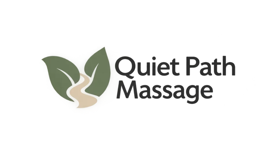 Quiet Path Massage combination mark logo idea: A winding path among leaves connects the name to nature and suggests a calm, unhurried visit.