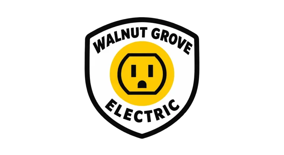 Walnut Grove Electric emblem logo idea: A simple outlet at the heart of a sturdy shield gives Walnut Grove Electric a friendly, dependable look.