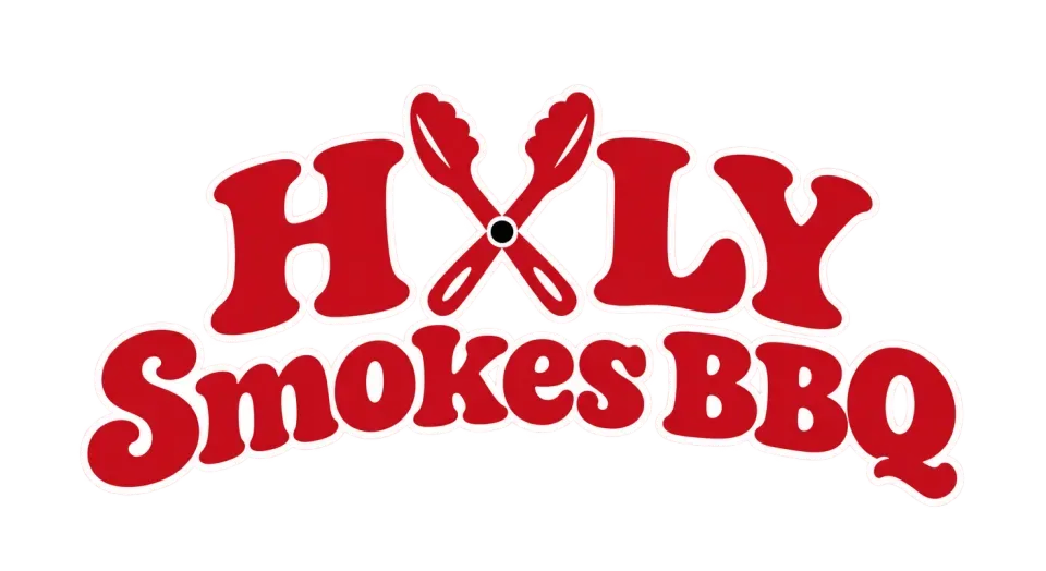 Holy Smokes BBQ combination mark logo idea: The soft arch and oversized tong-shaped O give the name a cheerful vintage look without crowding the simple icon.