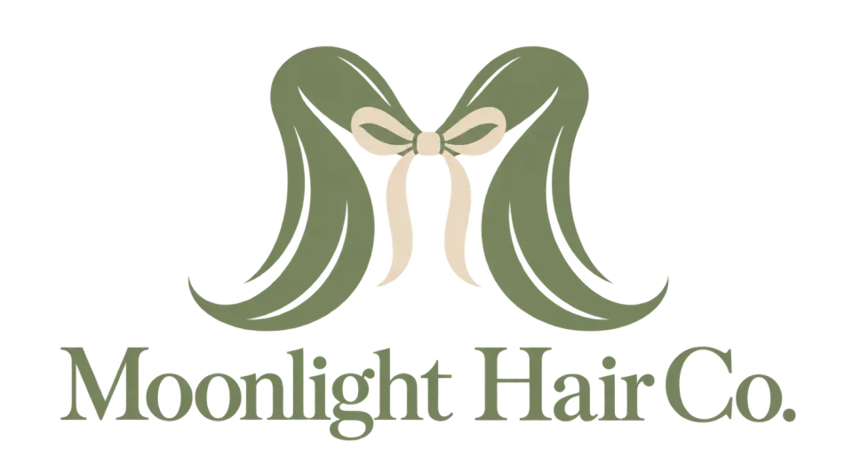Moonlight Hair Co. combination mark logo idea: A ribbon-tied M gives Moonlight Hair Co. a distinctive initial while keeping the salon connection visible in the hair-like curves.