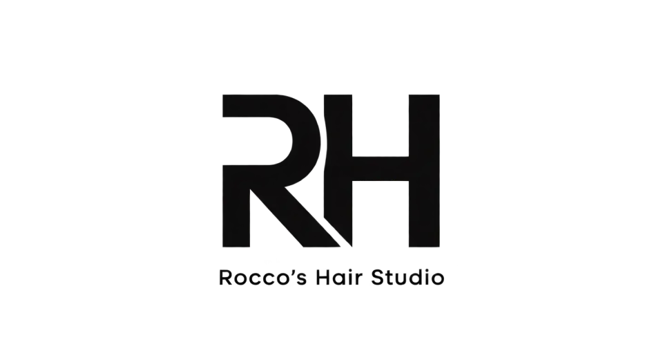 Rocco's Hair Studio lettermark logo idea: The straightforward RH pairing feels polished and assured, while its compact shape can work independently as an app icon.