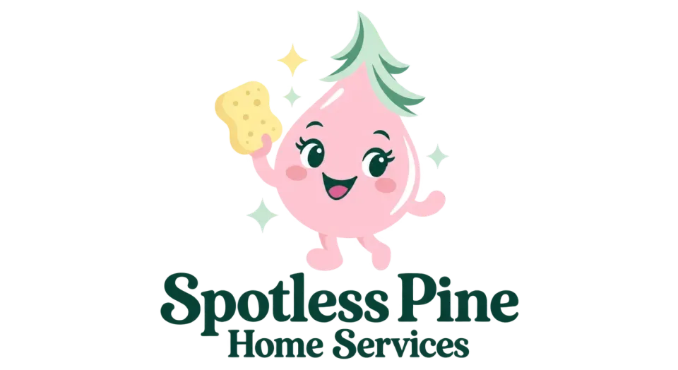 Spotless Pine Home Services mascot logo idea: A single pink cleaning drop with a pine-shaped tuft connects spotless cleaning to the name in a simple, graceful mascot.