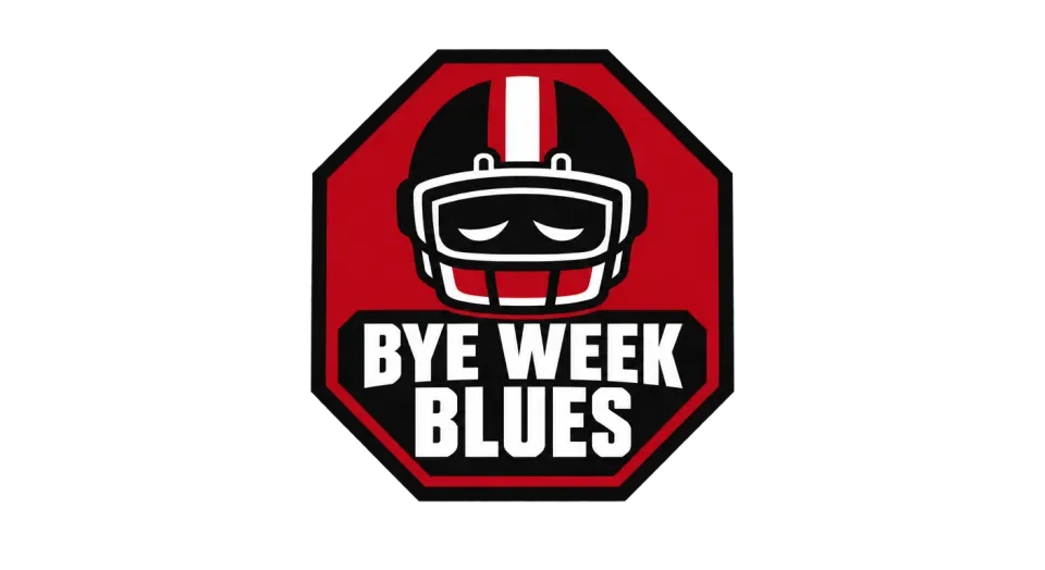 Bye Week Blues emblem logo idea: A helmet with a subtly downturned visor gives the badge a tough football feel with a hint of bye-week blues.
