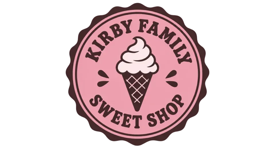 Kirby Family Sweet Shop emblem logo idea: A simple ice cream cone sits between the curved name, giving Kirby Family Sweet Shop a welcoming badge with a classic dessert-shop feel.