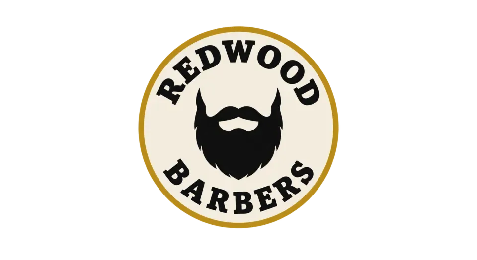 Redwood Barbers emblem logo idea: The spacious seal keeps the beard and Redwood Barbers name clear while retaining a traditional barbershop character.