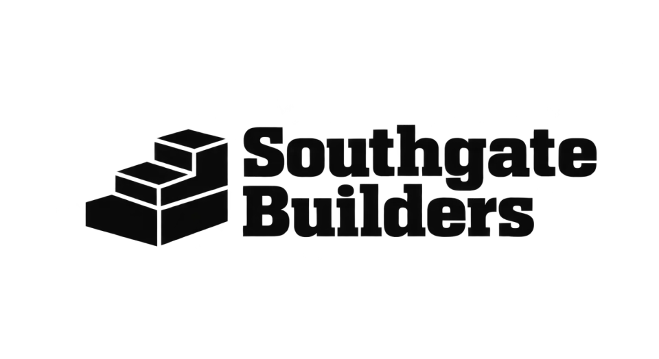 Southgate Builders combination mark logo idea: A stepped cornerstone suggests solid foundations and careful building without relying on a familiar house outline.