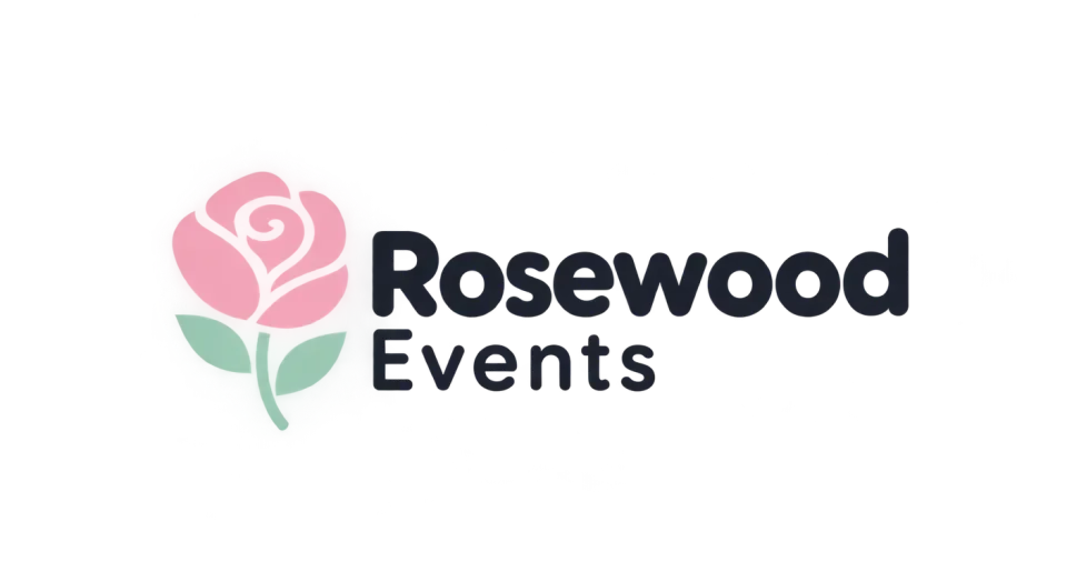 Rosewood Events combination mark logo idea: A simple pink rose beside the name gives Rosewood Events a graceful, welcoming look that suits celebrations.