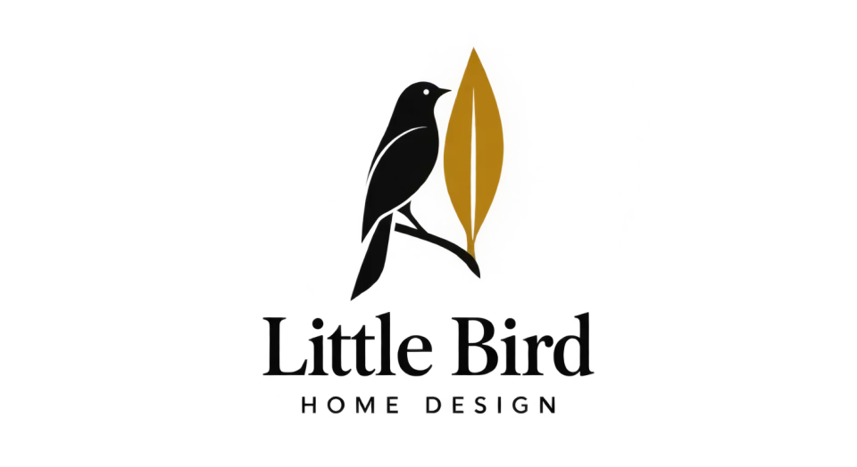 Little Bird Home Design combination mark logo idea: A bird perched beside one clean leaf gives the studio a simple nature-led mark that still feels tailored and refined.