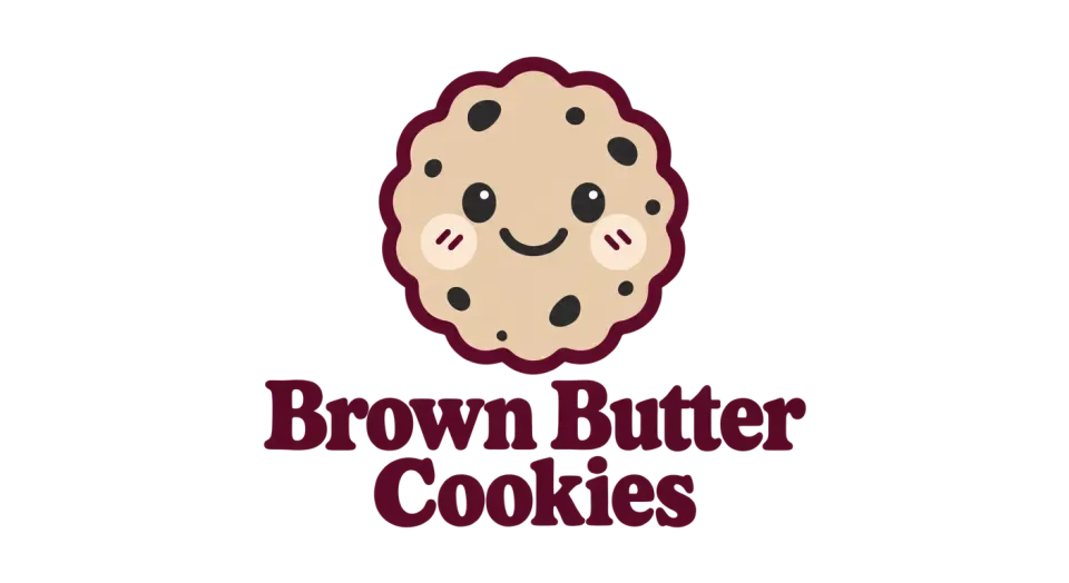 Brown Butter Cookies mascot logo idea: A smiling cookie with frosting cheeks sits above the full business name, giving the homemade brand a welcoming, time-honored look.