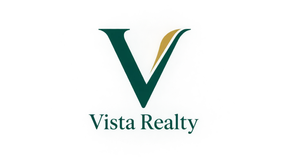 Vista Realty lettermark logo idea: A graceful emerald V above “Vista Realty” gives the agency a refined mark that also reads clearly on its own.