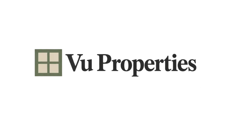 Vu Properties combination mark logo idea: A simple four-pane window beside “Vu Properties” gives the agency a clear property cue and a steady, established feel.